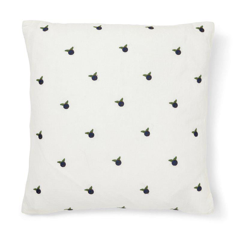 Blueberry - Putetrekk i lin og bomull med broderte blåbær - Hvit/Blå - 45x45cm