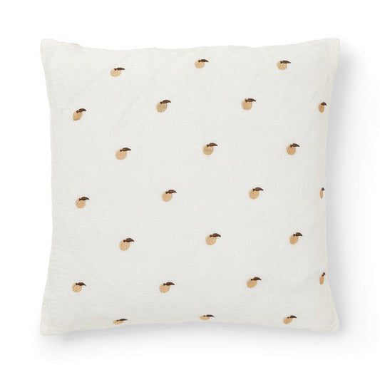 Peachy - Putetrekk i lin og bomull med broderte fersken  - Hvit/Aprikos - 45x45cm